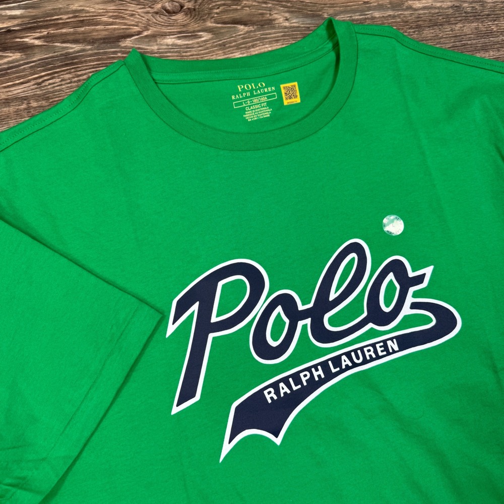 Polo Ralph Lauren Mens Size Large T-Shirt Green Navy Script Logo Classic Fit NWT